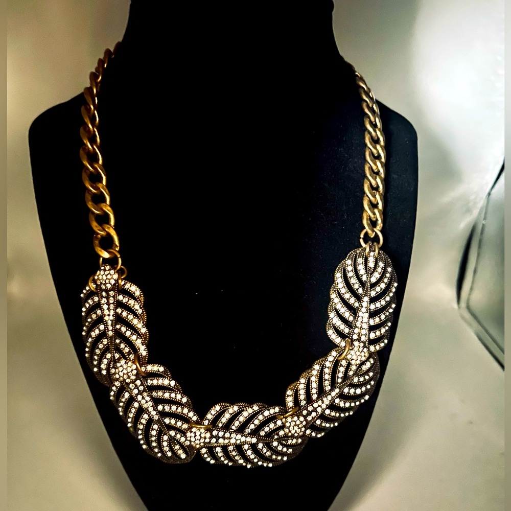 Glamorous Rhinestone Gold Toned Feather Statement Necklace 18 Inches